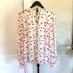 Joie Cherry Print Swiss Dot Ruffle Blouse Size L Sheer Tie Neck